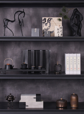 侘寂风样板房客厅展示柜新中式软装摆件售楼部书柜宋代美学摆饰