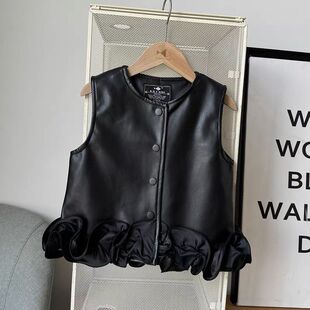 女童皮马甲荷叶边春秋2026新款洋气外穿儿童皮衣背心时髦秋装外套