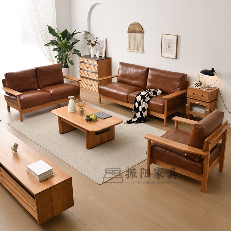 中古风樱桃木沙发实木日式简约布艺真皮沙发冬夏两用可拆洗休闲沙