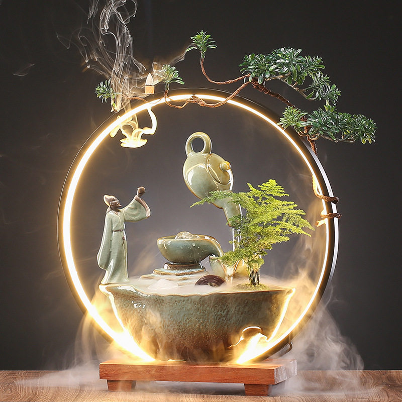 创意悬壶流水喷泉摆件陶瓷招财客厅店铺桌面办公室乔迁开业礼品 - 陶焱陶瓷出品