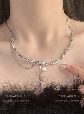 日韩复古珍珠项链银色流苏设计感