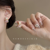 温柔气质小香风粉色方糖闪钻耳环轻奢高级感耳钉甜美公主派对耳饰