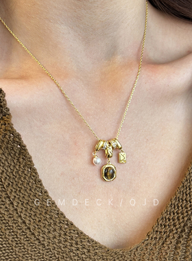 秋冬复古虎眼石金色吊坠项链