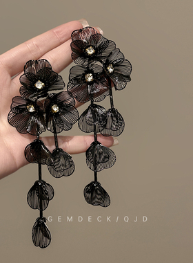 黑色镂空花朵流苏耳环复古夸张高级感耳钉新中式小众轻奢贵气耳饰