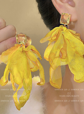 超仙气质黄色雪纺耳环方块水晶耳饰银针复古女夸张度假风耳钉耳夹