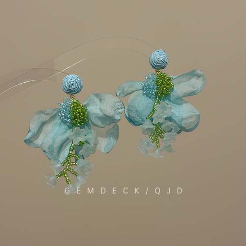 法式浪漫蓝色花朵串珠耳环