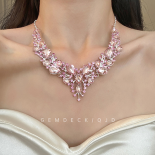 高级感轻奢气质粉色锆石项链夸张设计感颈链新娘晚礼服宴会配饰女