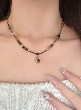 中古风天然虎眼石串珠项链