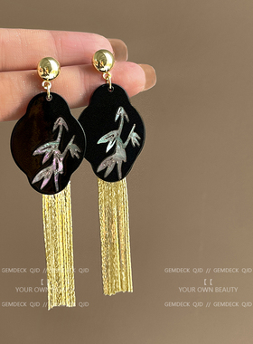 月下竹影  新中式金属流苏耳环女小众高级感复古气质黑色耳饰耳夹