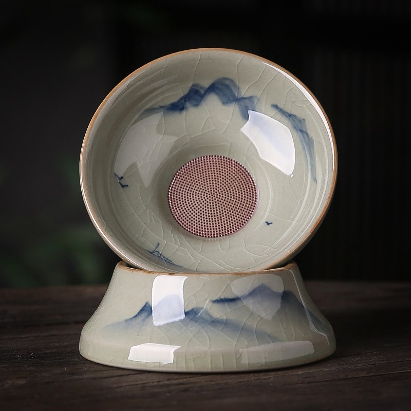 匠人手绘一体茶h漏组细密过滤茶叶中式陶瓷茶漏斗茶隔功夫茶具配