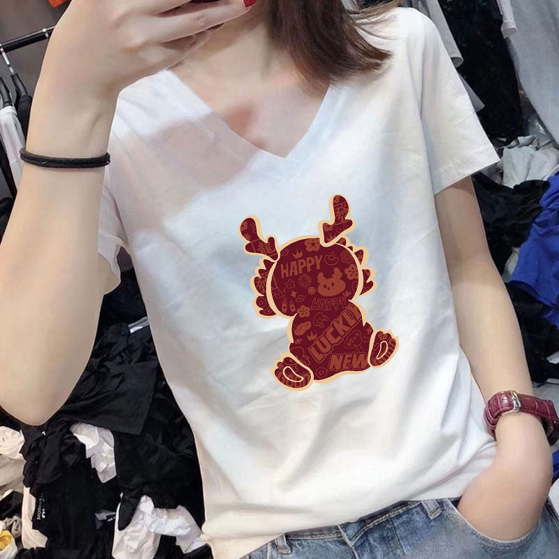 龙年衣服新年短袖t恤女2024年夏季新款v领宽松上衣纯棉休闲体恤潮