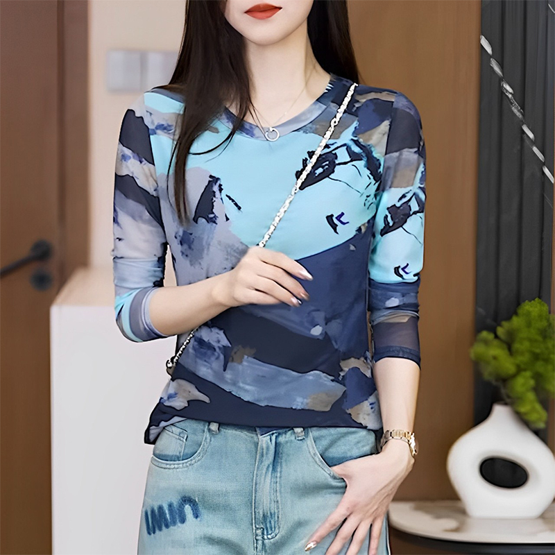 蓝色水墨画印花长袖T恤女2025新款网纱薄款休闲百搭减龄显瘦上衣