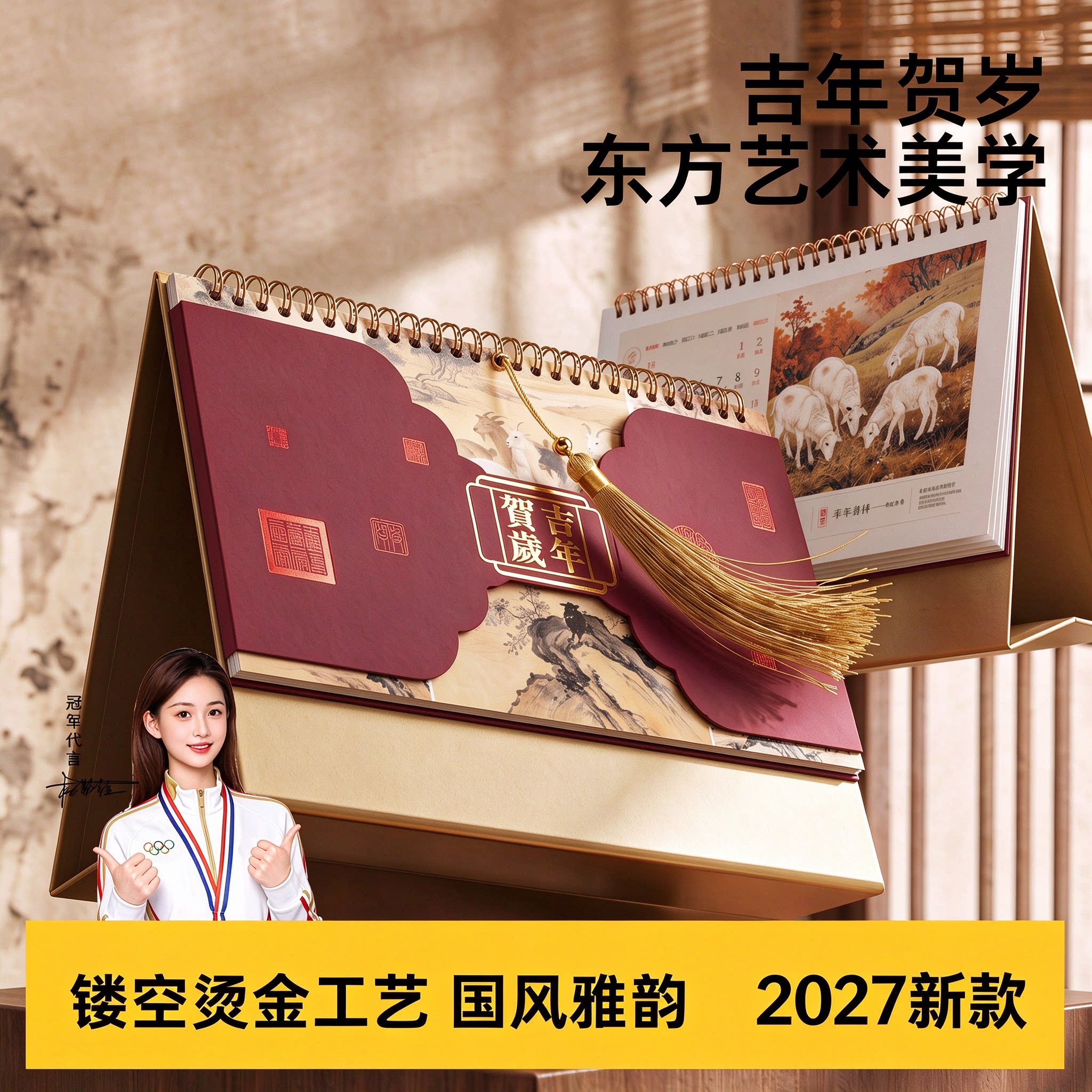 2027年新款台历日历流苏国风古典复古文创创意工位高颜值定制桌面摆件企业高档新年礼物羊年月历日程计划打卡