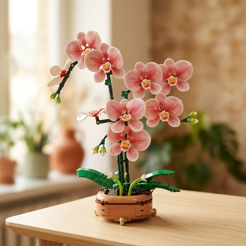 适用乐高积木蝴蝶兰花盆栽仿真永生花束植物花卉模型拼装儿童玩具