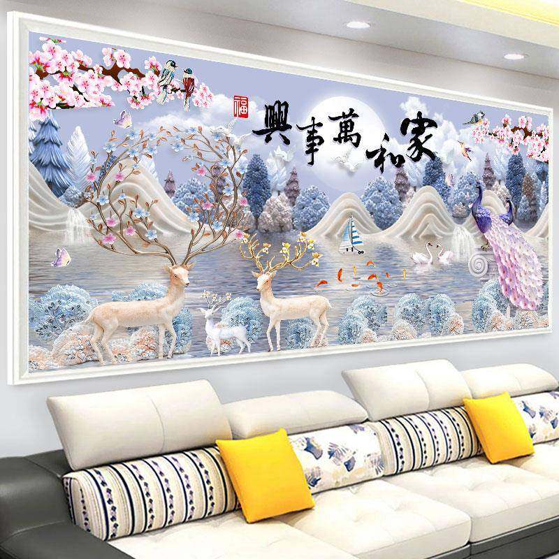 钻石画2023新款家和万事兴孔雀鹿满钻客厅5d点贴钻砖石十字绣大幅