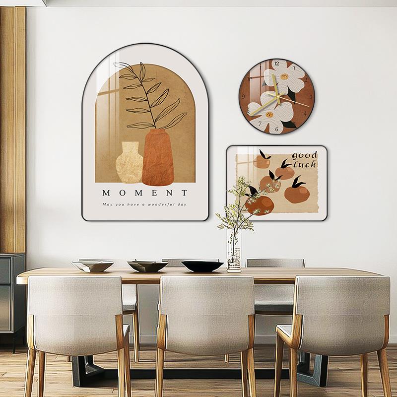 北欧餐厅装饰画饭厅挂画钟表组合墙画创意圆角餐桌背景墙装饰壁画图片