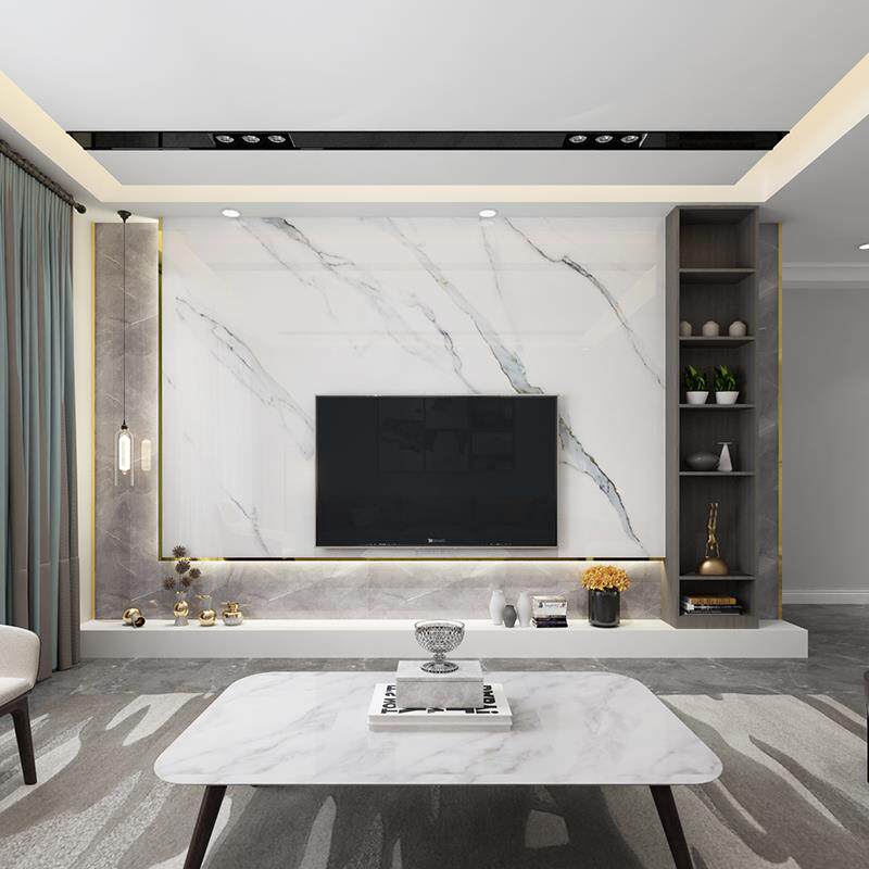 电视墙大理石背景墙现代客厅装饰框云亭地台悬空电视瓷砖简约