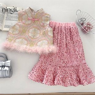 半身裙加绒新款 无袖 马甲柠里两件套上衣女童冬季 中国风套 乌糖