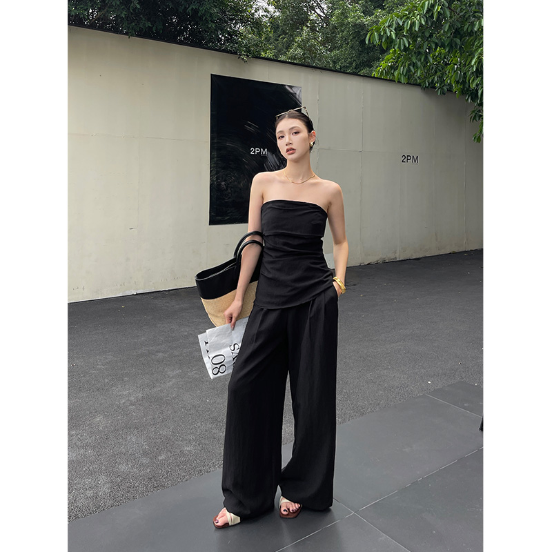ZSD亚麻黑色抹胸套装女夏气质吊带背心上衣高级感阔腿裤子两件套