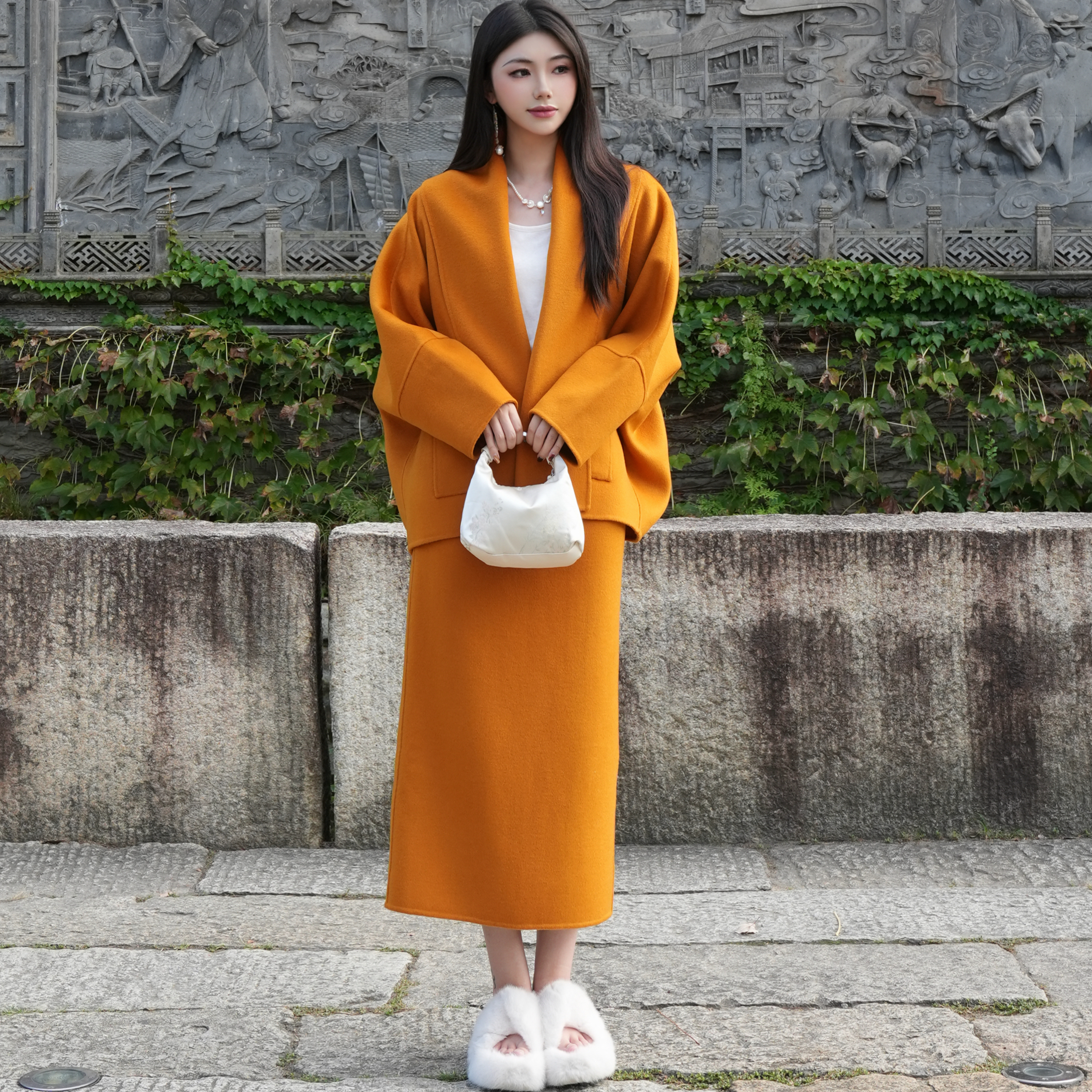 25年显白爱马仕橙羊毛双面呢套装