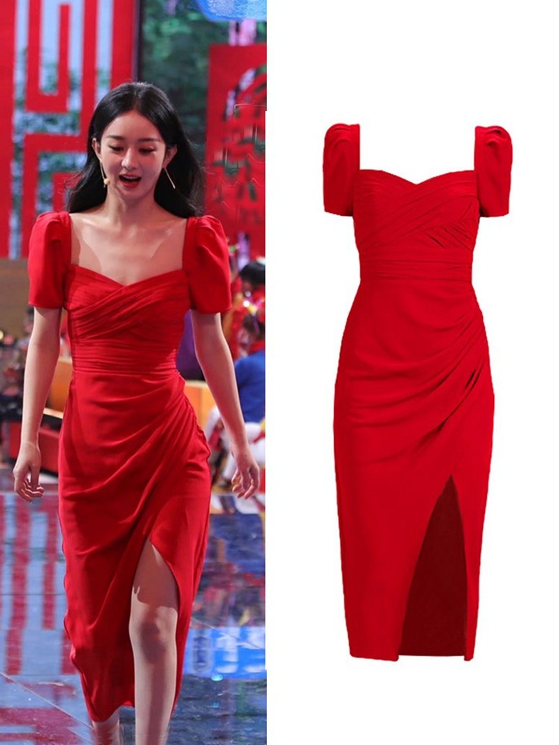 self赵丽颖同款纯元平替sp法国红方领开衩修身连衣裙礼裙