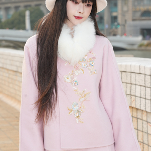 檐握新中式100绵羊毛重磅珠片刺绣双面呢大衣外套半身裙两件套女
