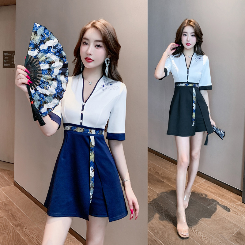 旗袍套装连衣裙复古中袖技师工服