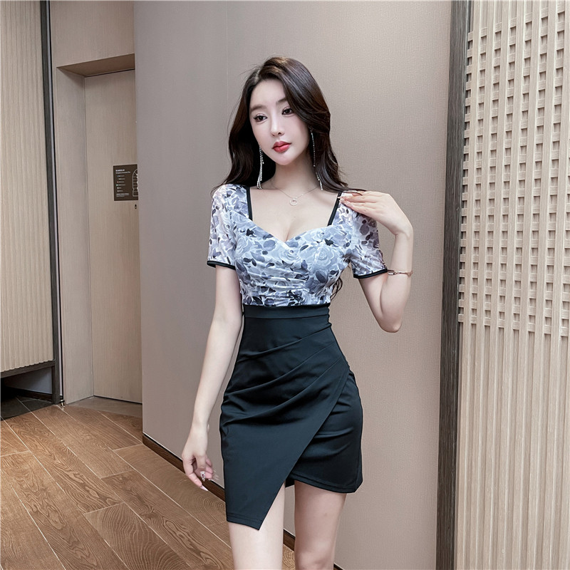 女工作服印花性感显瘦遮肚连衣裙