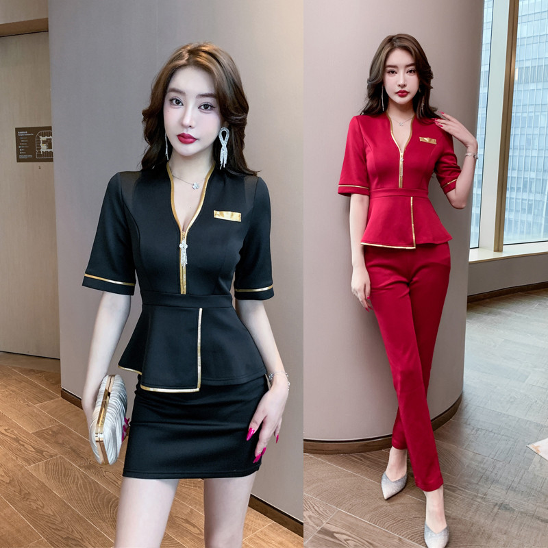 中袖性感拉链款技师服足浴足疗上班衣服显瘦长裤美容院酒店制服女