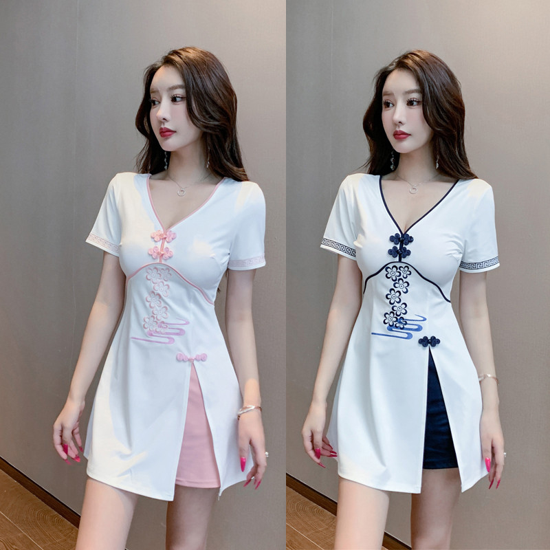美容院连衣裙气质中国风旗袍两件套连衣裙采耳spa养生足浴技师服