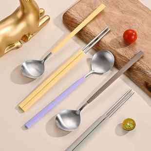 食品级硅胶勺子筷子叉子家用吃饭勺汤勺加厚不锈钢餐具套装 韩式
