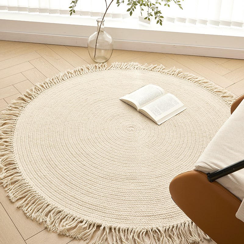 圆形无胶羊毛地毯纯色手工u编织客厅卧室茶几侘寂风素色床边流苏
