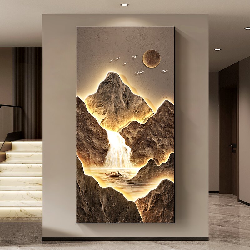 聚宝盆山水画玄关装饰画竖版灯画高级感入户正对门画走廊过道挂画图片