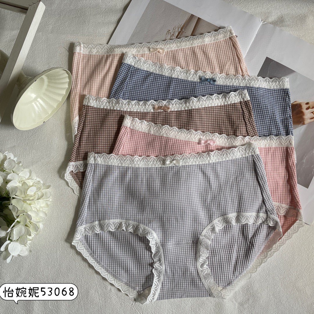 清仓[5条盒装]怡婉妮女士内裤53068 中低腰格子甜美蕾丝边少女