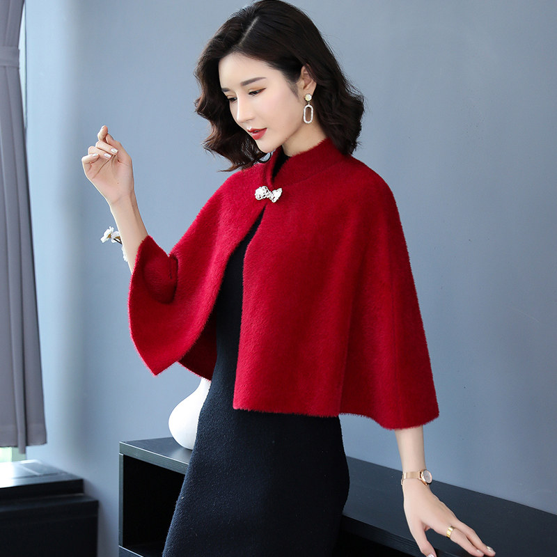 斗篷披肩毛衣外套女士短款秋冬配旗袍披风小外搭仿水貂绒针织开衫