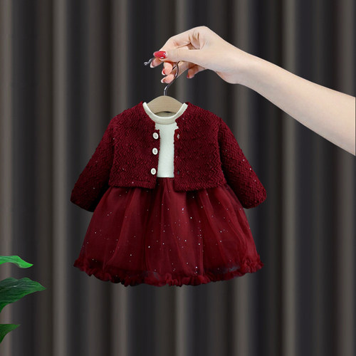 周岁女宝礼服红色连衣裙套装