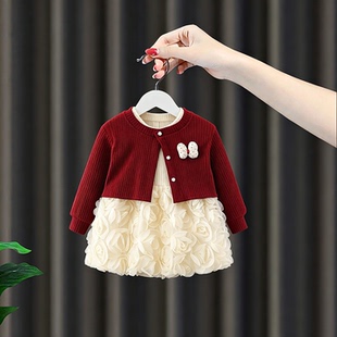 女童连衣裙春秋装女宝礼服宝宝生日宴红色套装长袖外套裙子两件套