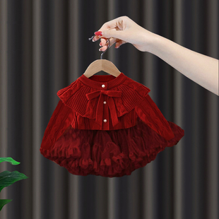 周岁女宝礼服tutu裙套装新年衣服女童连衣裙冬季毛衣凸凸裙蓬蓬裙