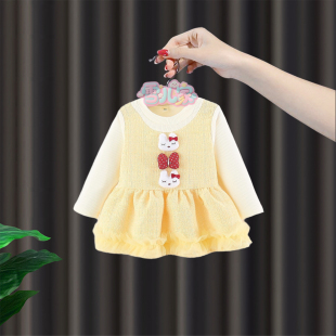 女宝宝春季连衣裙女童假两件长袖裙子薄款春装婴儿甜美卡通公主裙