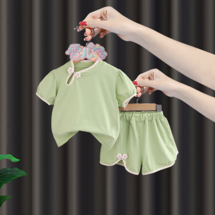 女宝宝夏季薄款套装女童新中式运动服婴儿国风短袖上衣短裤两件套