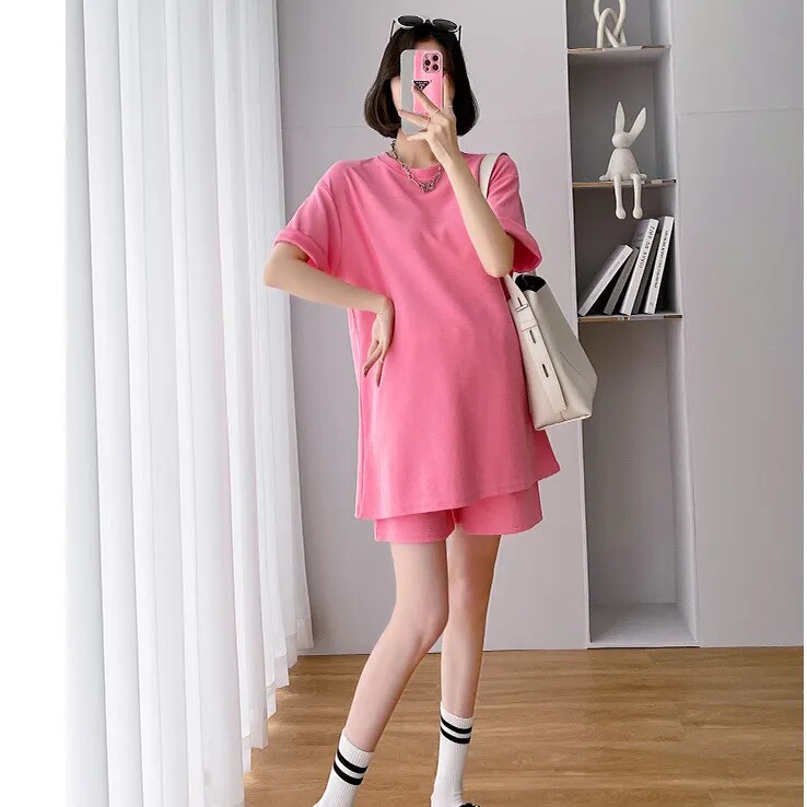 새로운 여름 순수 코튼 솔리드 컬러 출산 정장 작은 향기로운 뜨거운 엄마 느슨한 반팔 반바지 출산 투피스 세트 외출