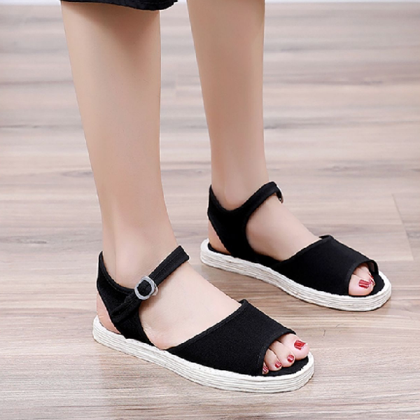 千层底夏季一字扣带布底凉拖布鞋女夏天休闲布凉鞋女鞋布底老布鞋