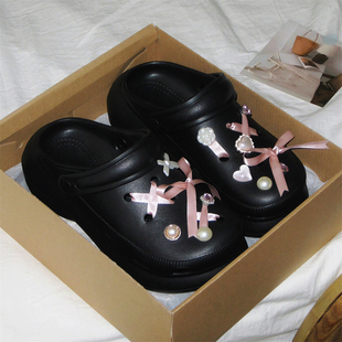 新款厚底甜美爱心蝴蝶结少女心凉拖鞋增高海边夏季休闲洞洞鞋女士