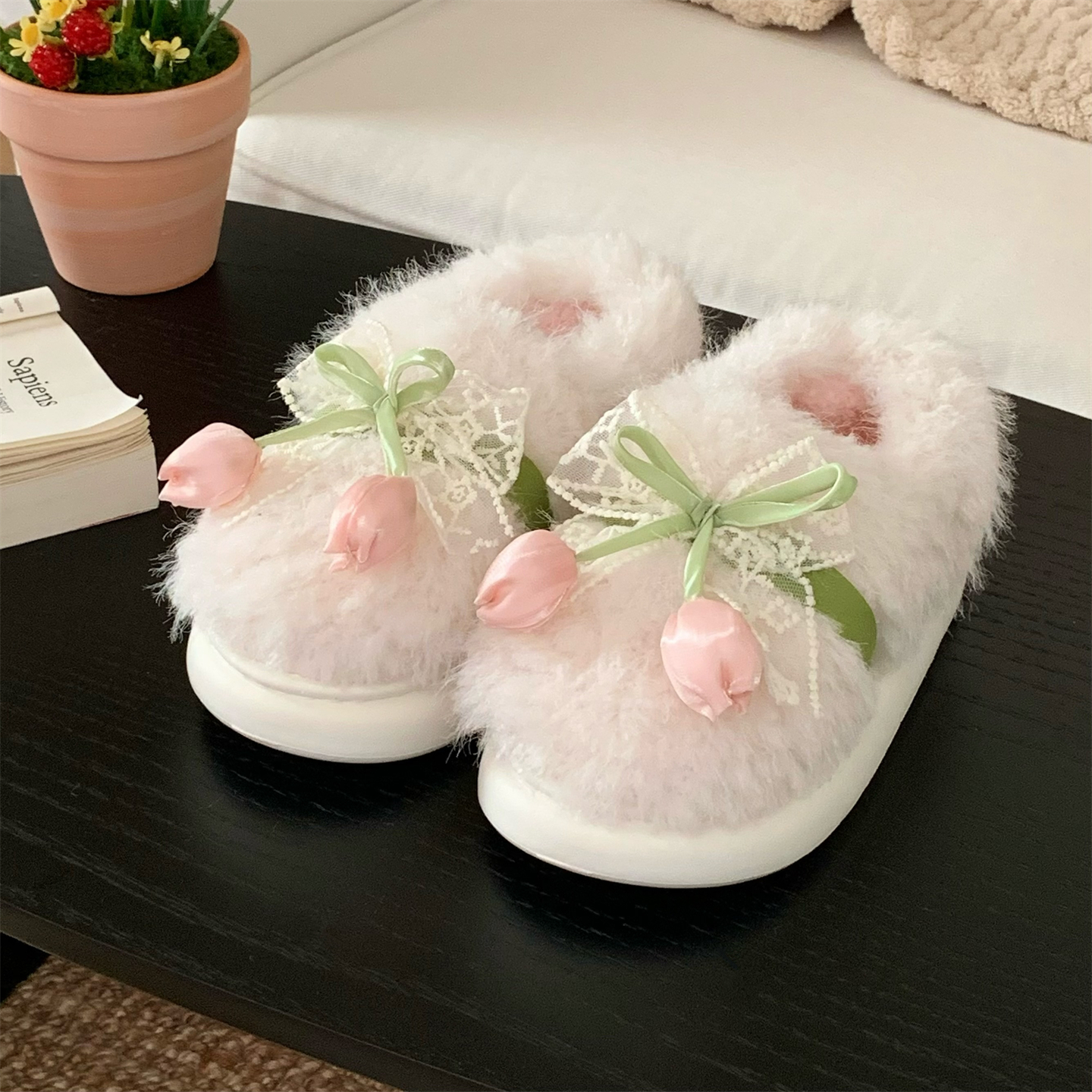 细细条仙女风蕾丝郁金香棉拖鞋