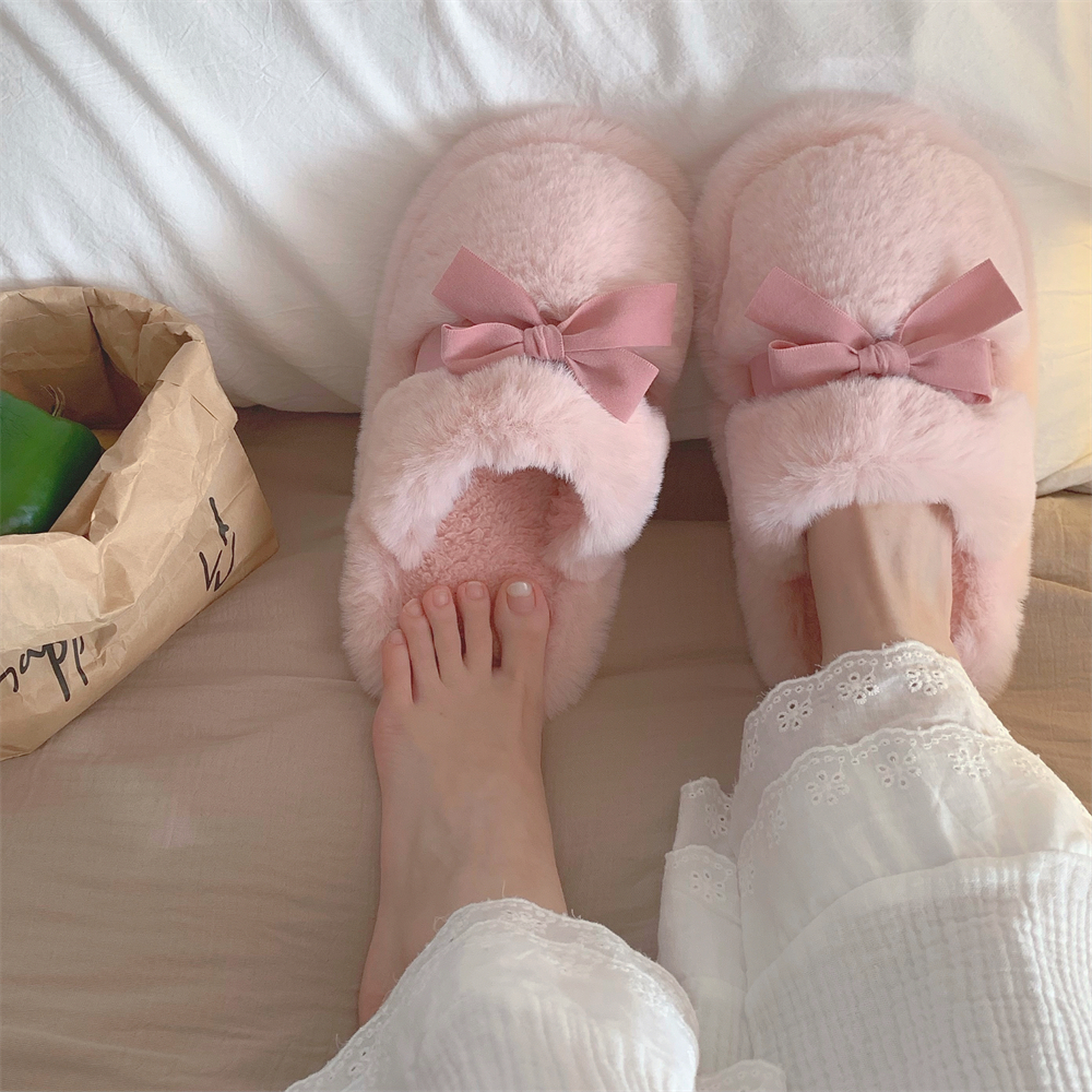 细细条少女心蝴蝶结毛毛拖鞋