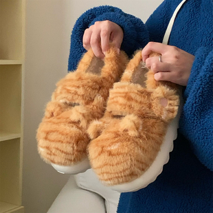 可爱橘猫纹防滑外穿魔术贴毛毛鞋 保暖棉鞋 女冬软萌猫耳厚底豆豆鞋