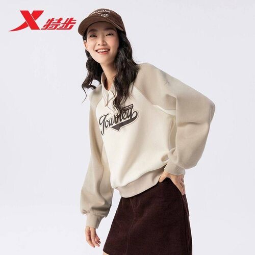 特步长袖卫衣女士2025春季新款套头休闲T恤运动上衣975128920389