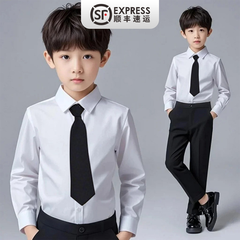 儿童白衬衫小学生男童长袖校服幼儿园服表演出服女童纯白色棉衬衣