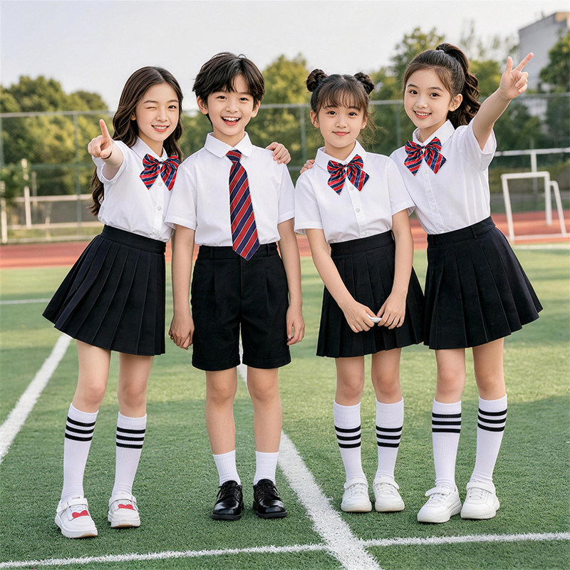 六一儿童白衬衫短袖男童衬衣黑裤女童表演出服小学生运动会毕业照