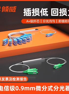 倾威单模微型分光器0.9MM分路器1分2/4/8/16/32/64微分分光器UPC/APC钢管式分光器 电信级微型微型分光器SC